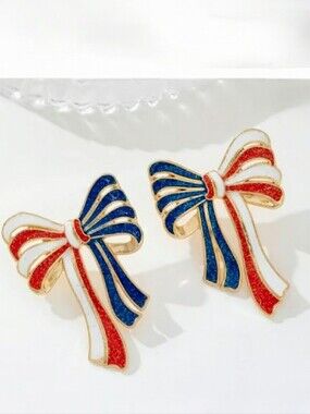 🌺Patriotic Bow Rhinestone Earings Labor Day 4th of July Accessories Jewelry